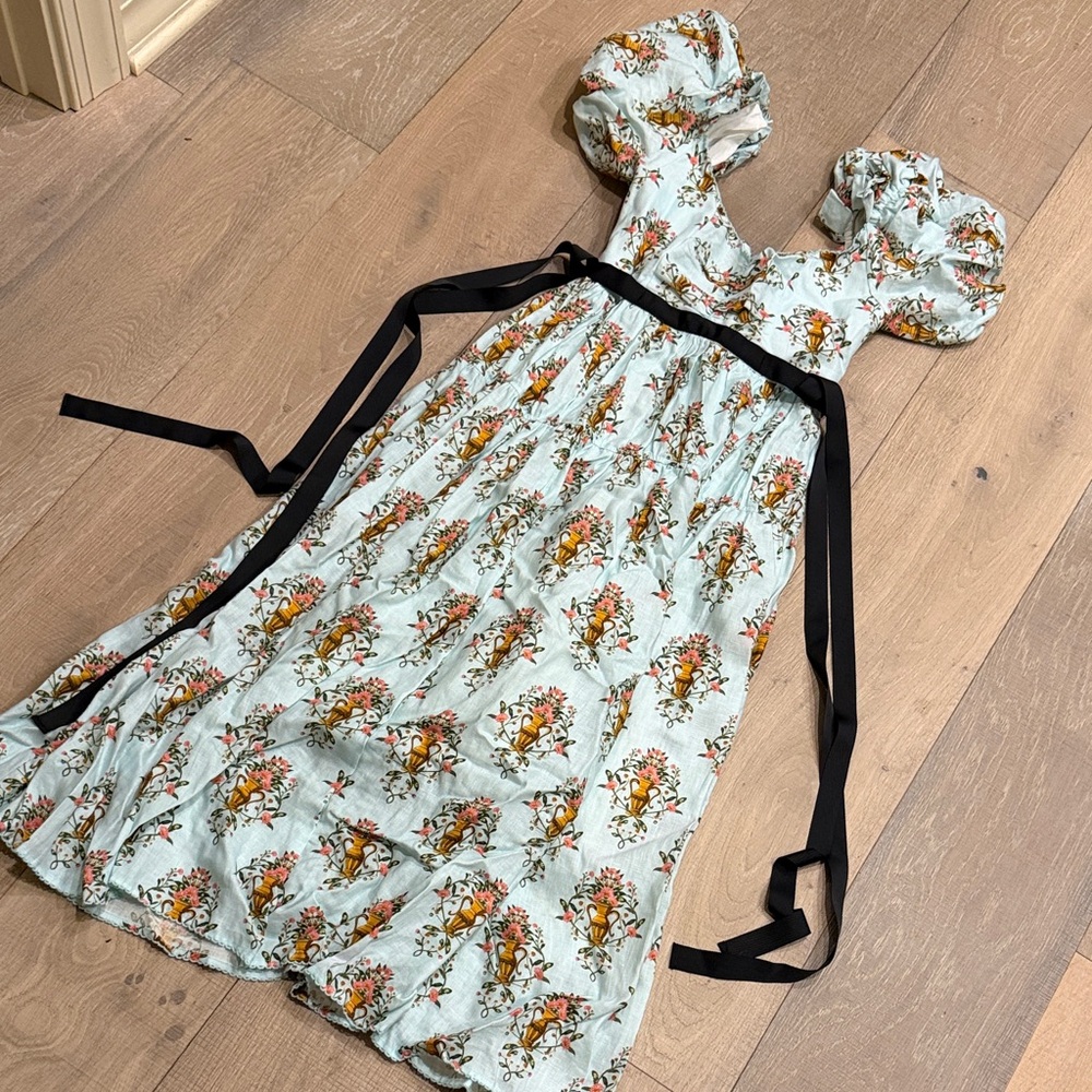 Agua Bendita Floral Puff Sleeve Dress with Black Tie